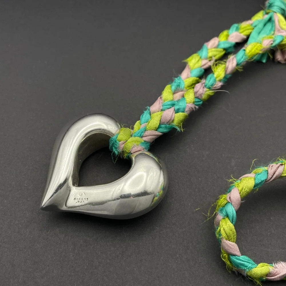 Airess Sterling Silver Hollow Puff Heart Pendant Necklace Braided‎ Silk Boho